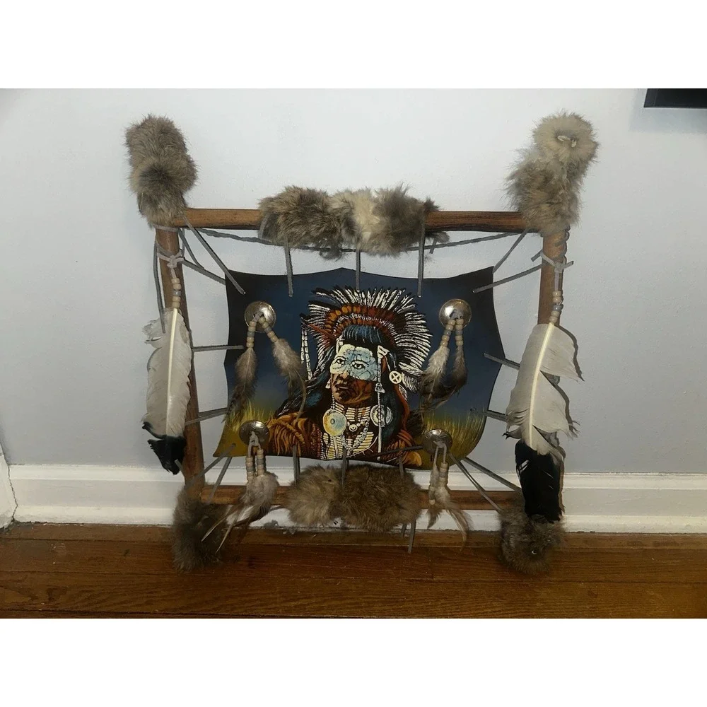 Native American Mandella Shield Hand Painted Saddle Blanket On Leather Log Frame